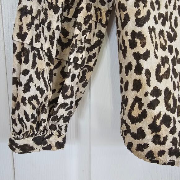 J. Crew Button Front Ruffleneck Popover Shirt XS Leopard Business Mobwife Cotton - Picture 5 of 7